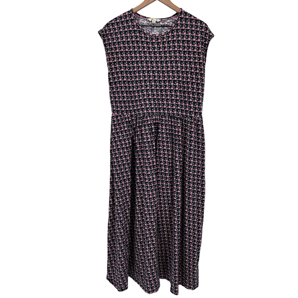 Boden Cotton Jersey Midi Dress Navy Pink Sunburst Print Pockets Womens 12
